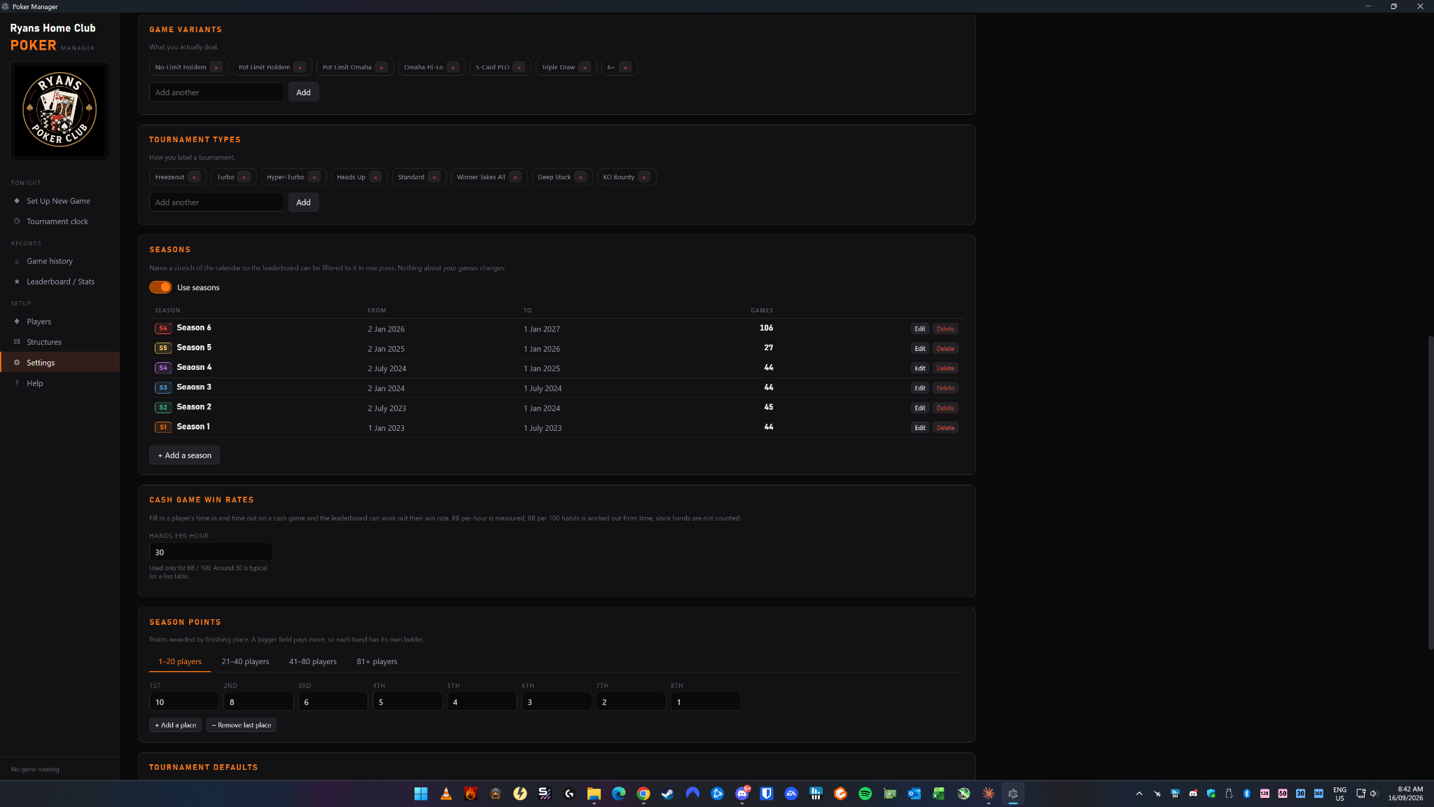 Poker Manager customisation settings