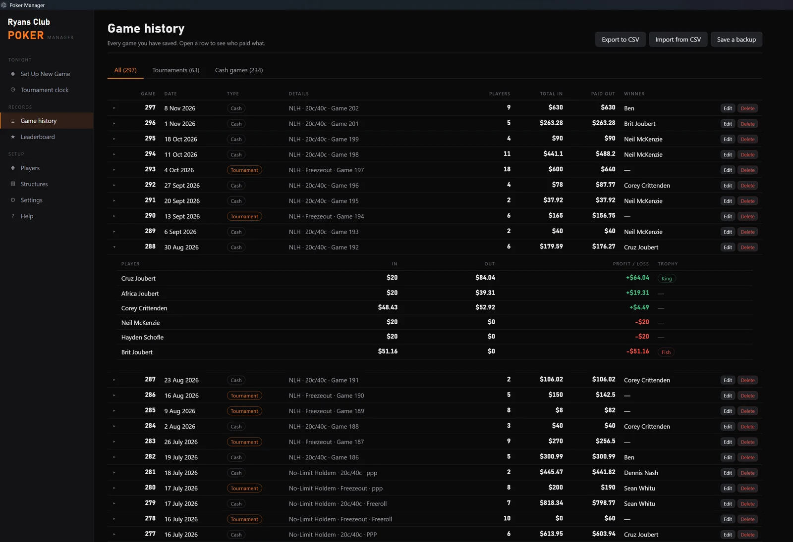 Game history with a night opened up, showing who paid what
