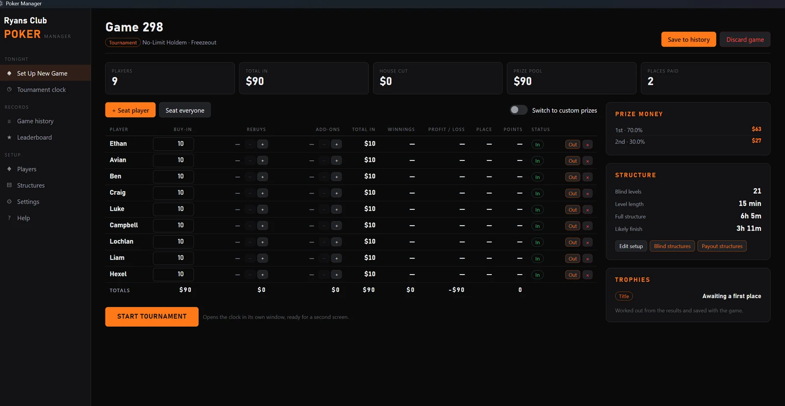 Set Up New Game with nine players seated and buy-ins taken